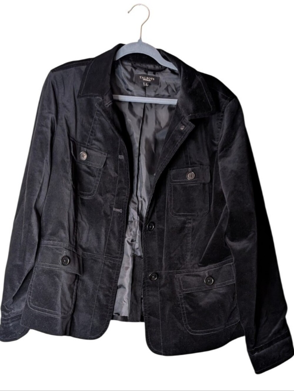 Talbots Black Velvet Utility Jacket Blazer Coat 4-Pocket Button Front Classic 16